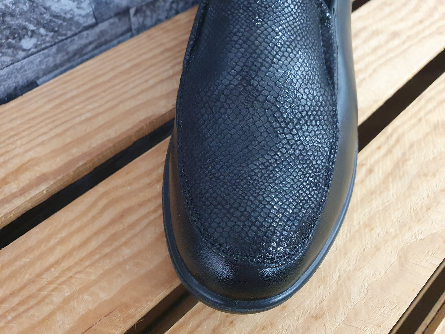 Damen Halbschuhe Ruan Kailabsatz Schwarz Snake Glitzer 2 x Gummizug