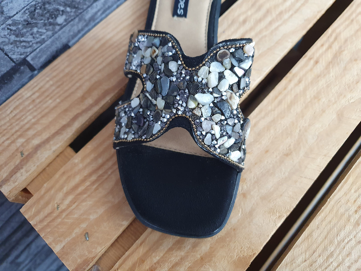 Damen Pantolette Sandalette Schuhe Sommer Steinchen Schwarz