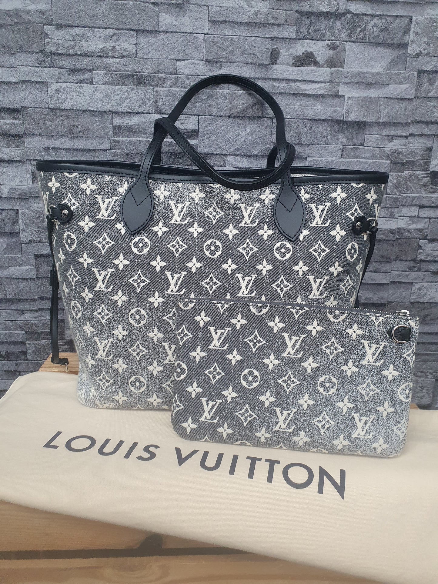 Orginal Louis Vuitton Neverfull MM Monogram Jequard Denim Grau Schwarz FullSet