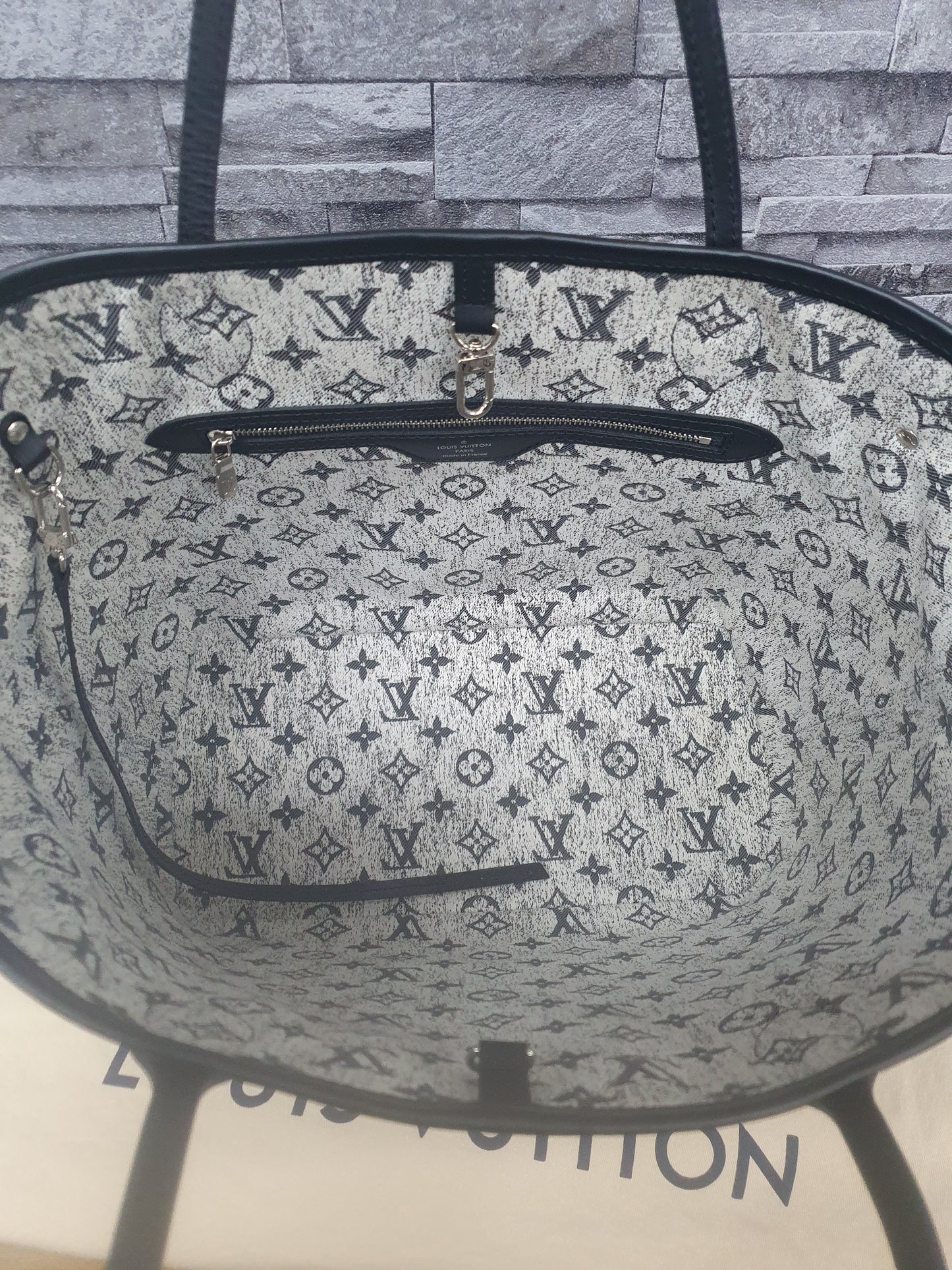 Orginal Louis Vuitton Neverfull MM Monogram Jequard Denim Grau Schwarz FullSet