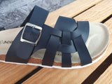 Damen Scandi Pantoletten Sandalette Blau PU Sohle