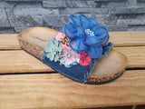 Damen Pantolette Blau Jeans Blumen Sommer