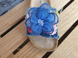 Damen Pantolette Blau Jeans Blumen Sommer