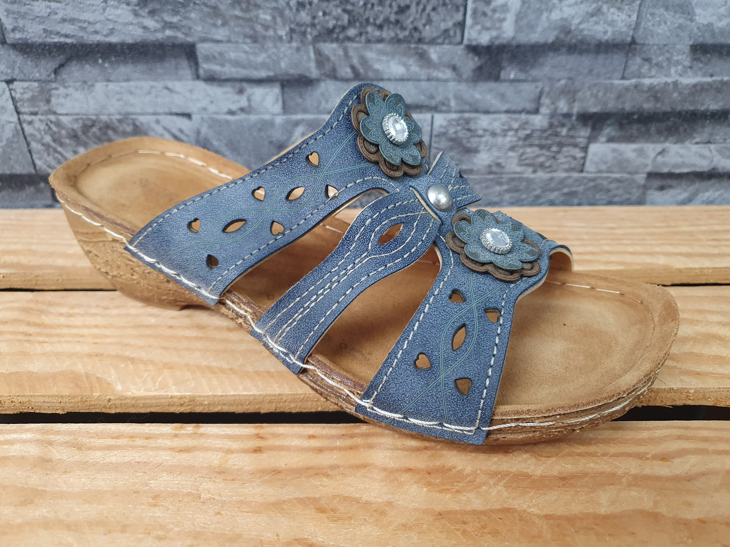 Damen Scandi Pantolette Lederinnensohle Blau Blumen  Glitzer Softfußbett