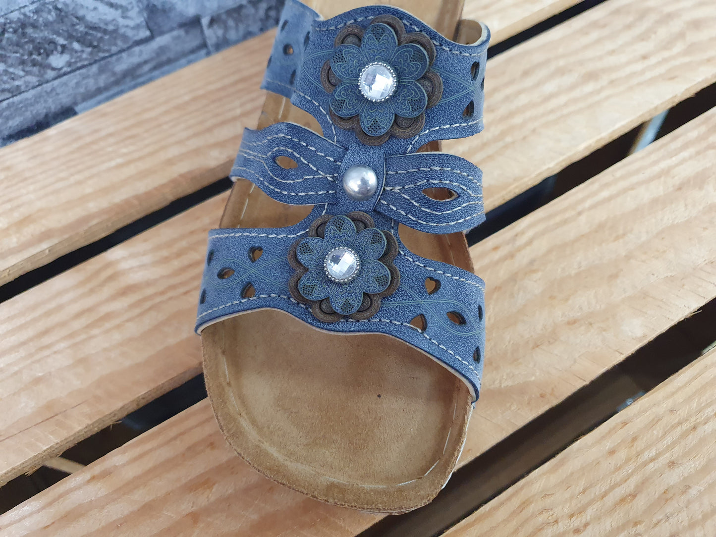Damen Scandi Pantolette Lederinnensohle Blau Blumen  Glitzer Softfußbett