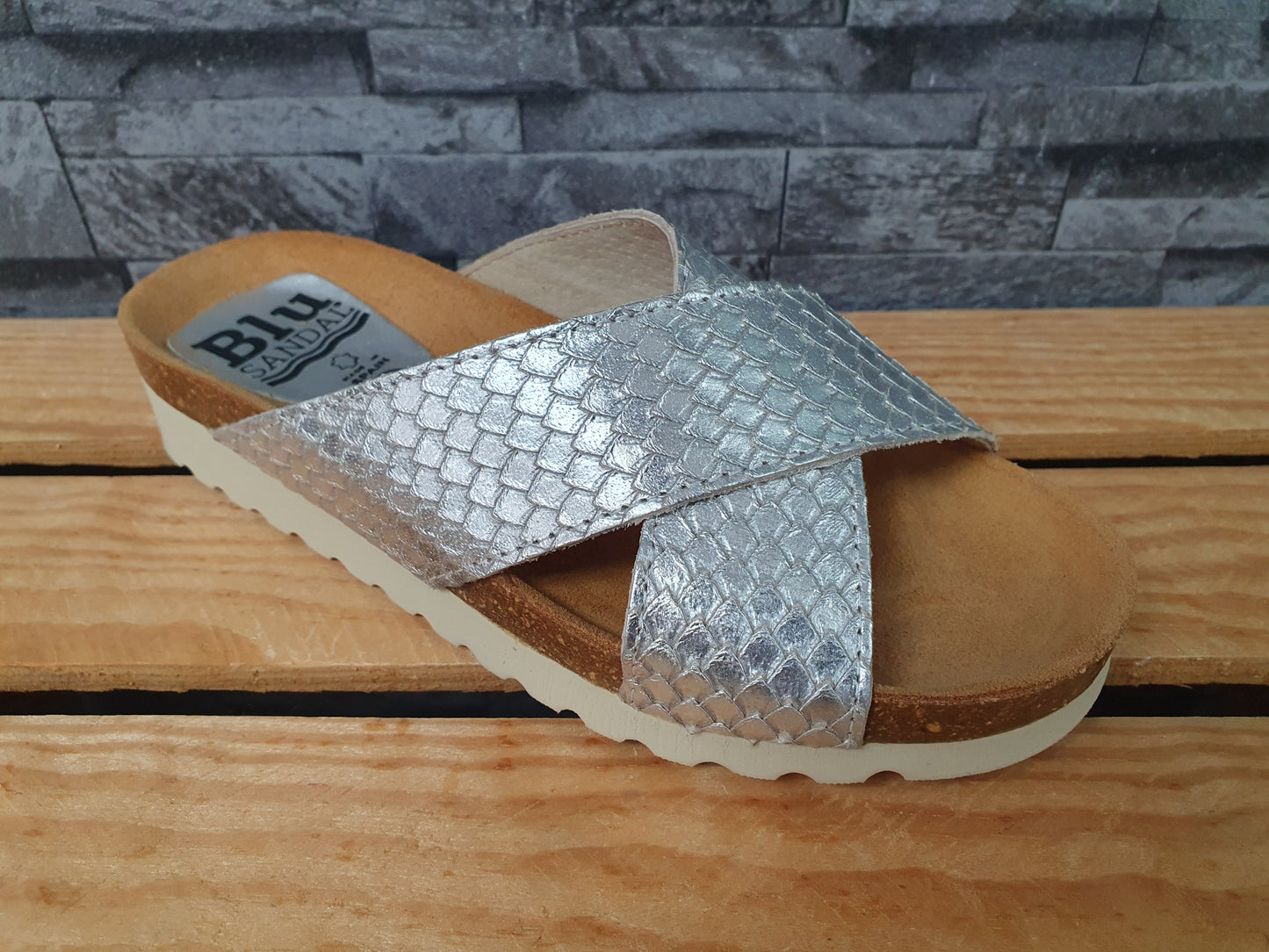 Blu Sandal Damen Pantolette Leder Silber Snake