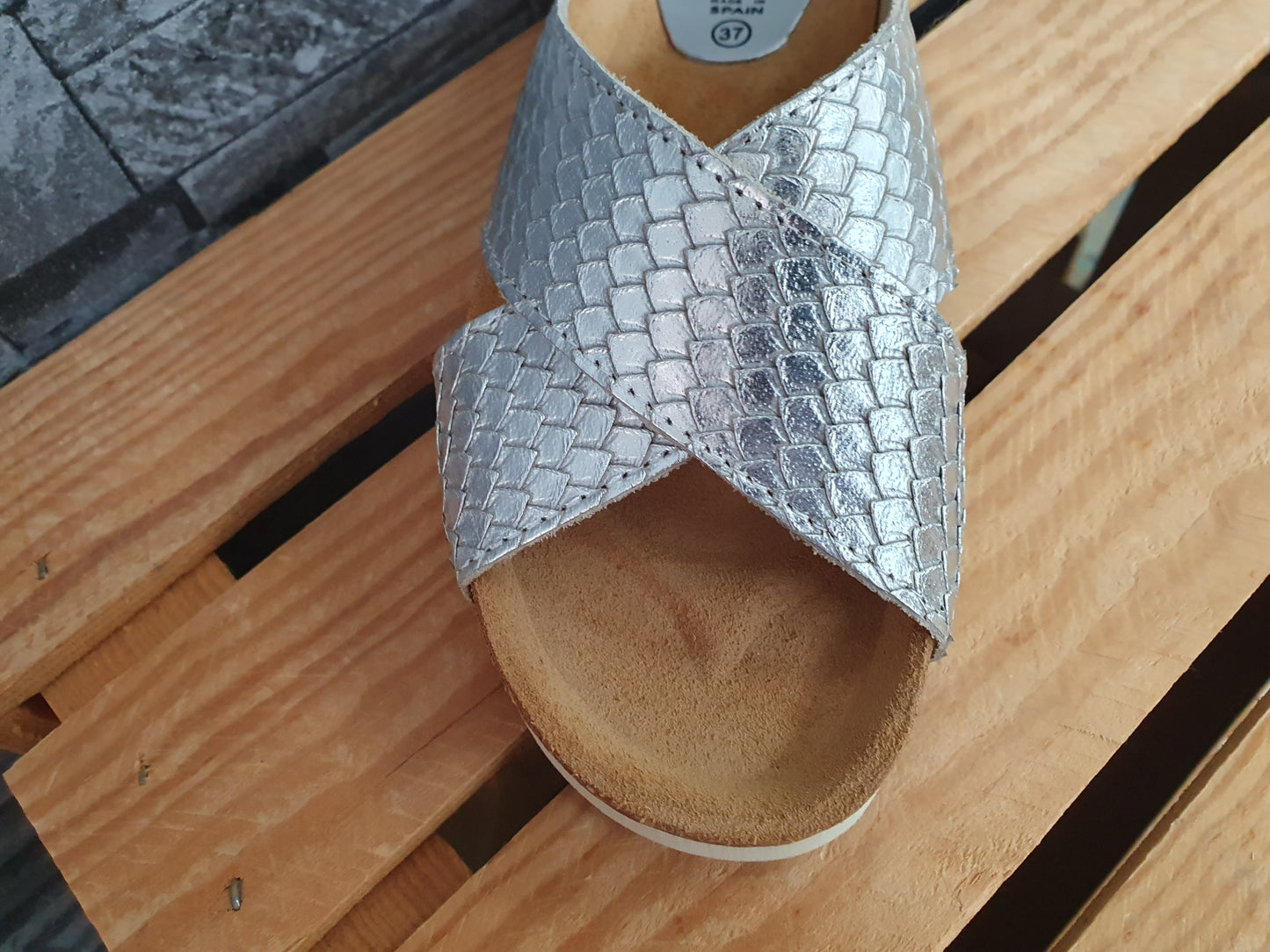 Blu Sandal Damen Pantolette Leder Silber Snake