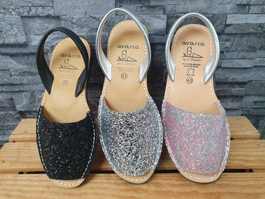 Avarca Damen Spanische Sandalen Leder Glitzer Riemchen