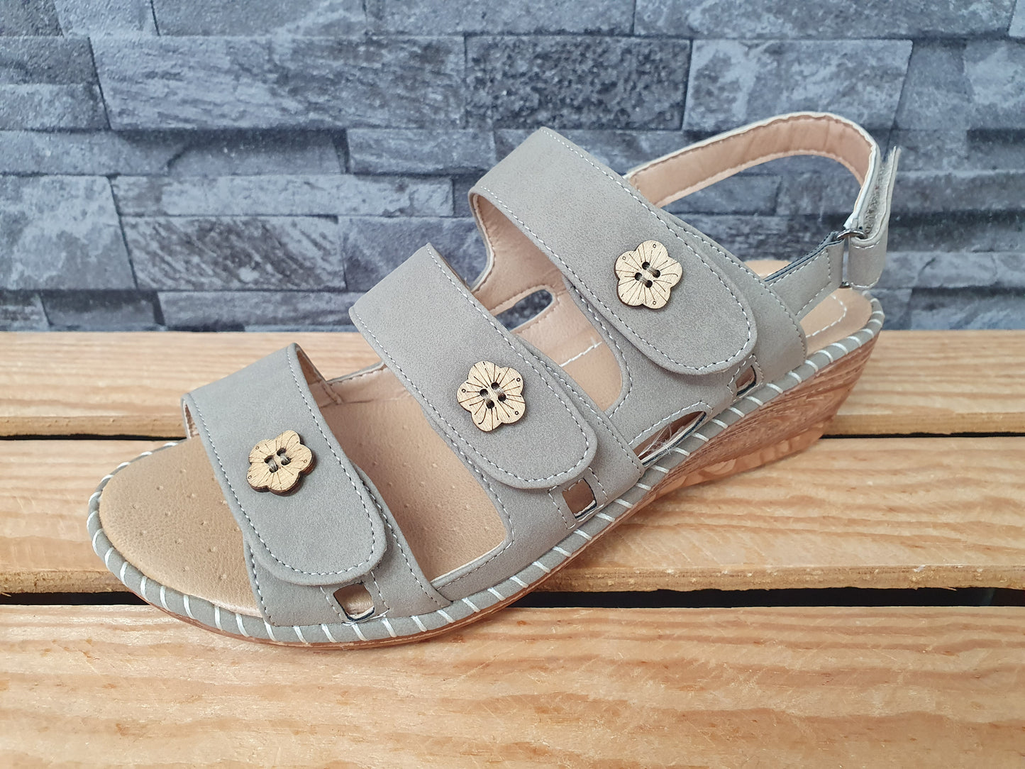 Scandi Damen Sandalen 3 x Klett Grau Blumen Sommer