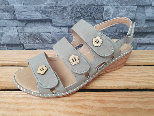 Scandi Damen Sandalen 3 x Klett Grau Blumen Sommer