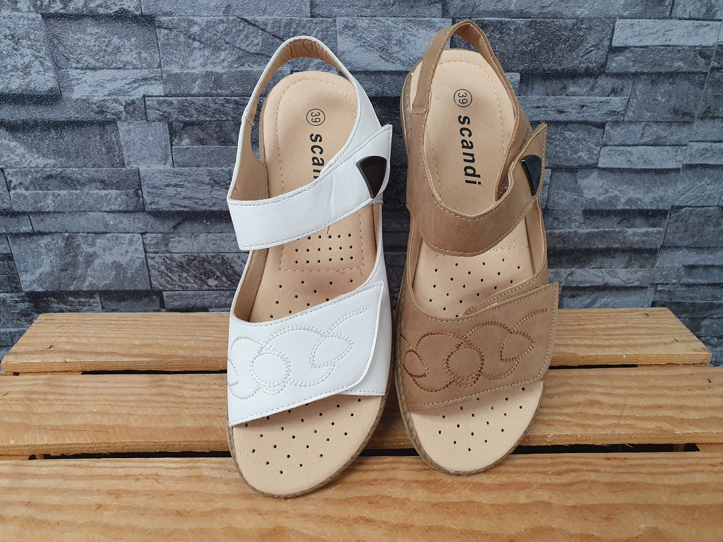 Scandi Damen Sandaletten 2 x Klett  Soller Weiß & Braun