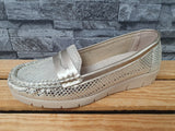 Damen  Comfort Ballerina  Schuhe Halbschuhe Glitzer Grau  &  Gold Lederinnensohle