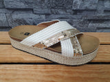 Damen Pantolette  Plateau Beige Gold Pailletten Sommer Stylisch