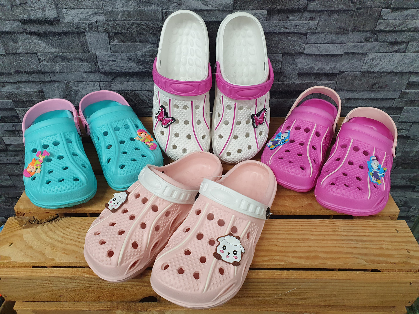 Kinder Clogs Schuhe Badeschuhe Türkis & Weiß &  Fuchsia & Peach