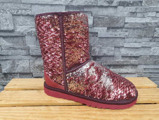 UGG Boots Short Sequin Bordeaux Lammfell Pailletten