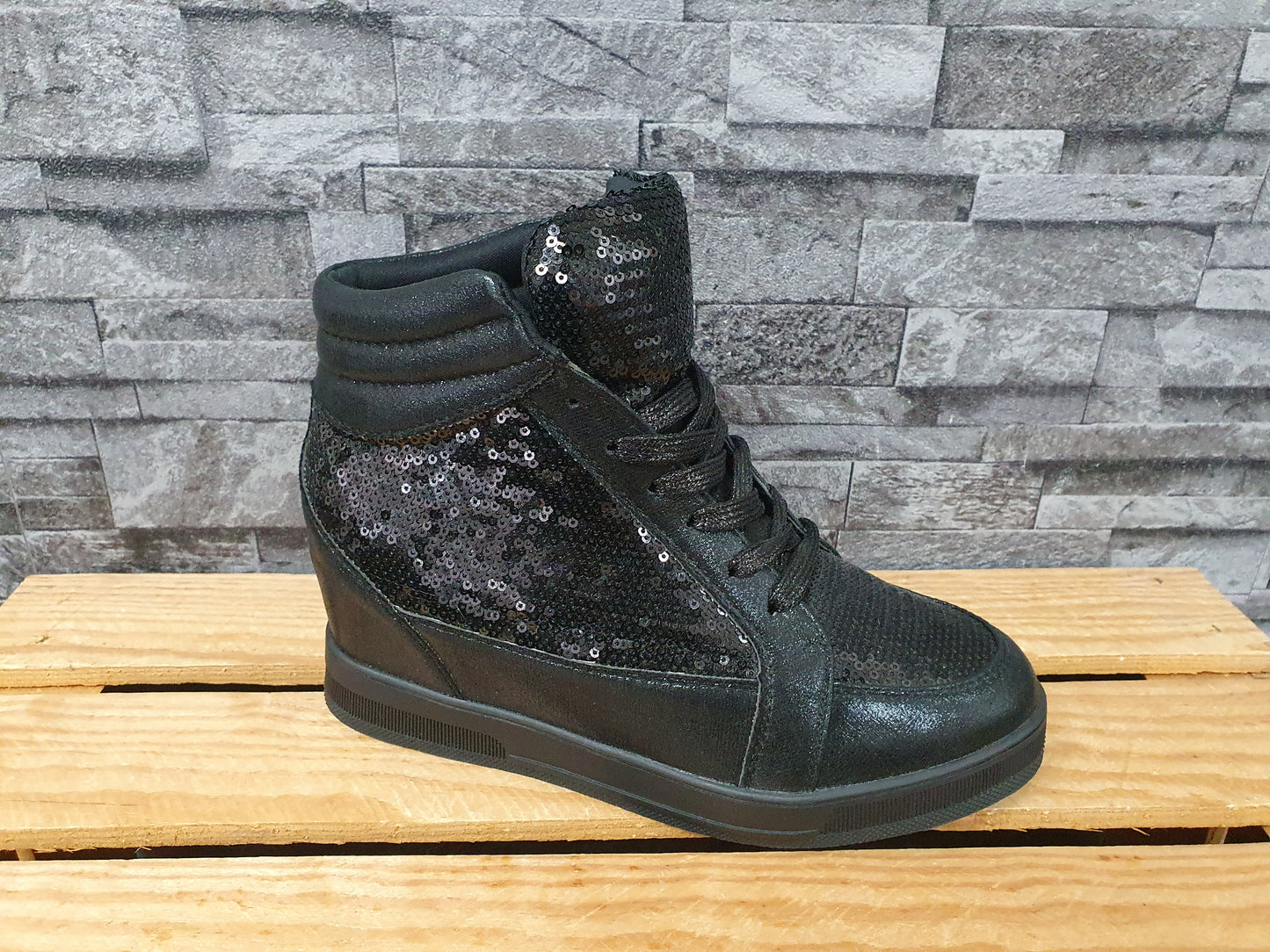 Damen Sneaker Schuhe Schwarz Pailletten Kailabsatz Größe 37-41