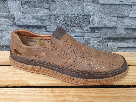 Herren Magnus  Slipper Mokassin Gummi Sohle Lochmuster 2x seitl. Gummizug Braun