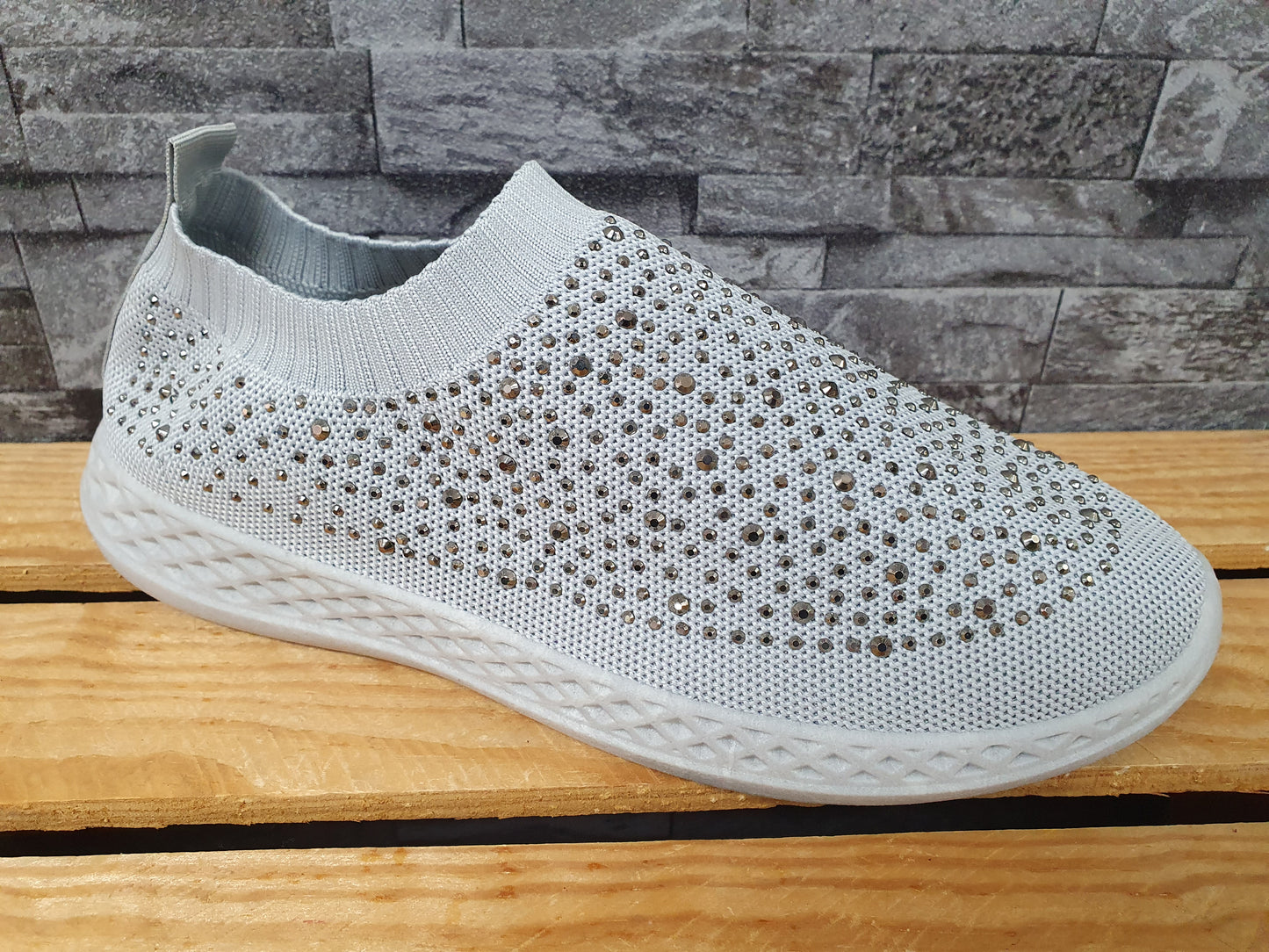 Damen Sneaker Schuhe Freizeitschuhe Stoff Glitzer Weiß & Grau
