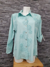 Made In Italy Damen Bluse  3D Blumen Langarm Türkis Einheitsgröße Größe 36-44