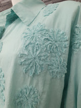 Made In Italy Damen Bluse  3D Blumen Langarm Türkis Einheitsgröße Größe 36-44