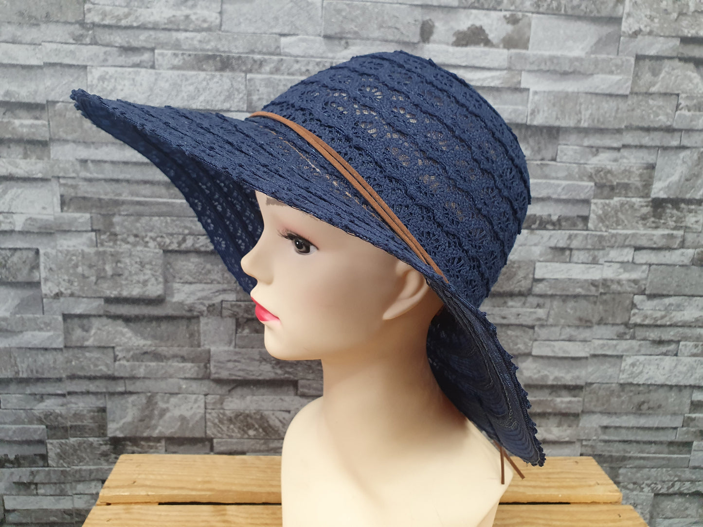 Damen Sonnenhut Sommer Hut Beige & Blau