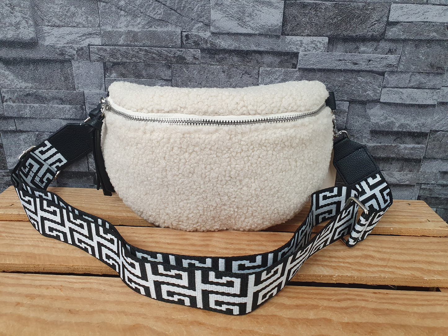 Damen Teddy Plüsch Bum Bag  Tasche Umhängetasche  Grau & Beige & Braun
