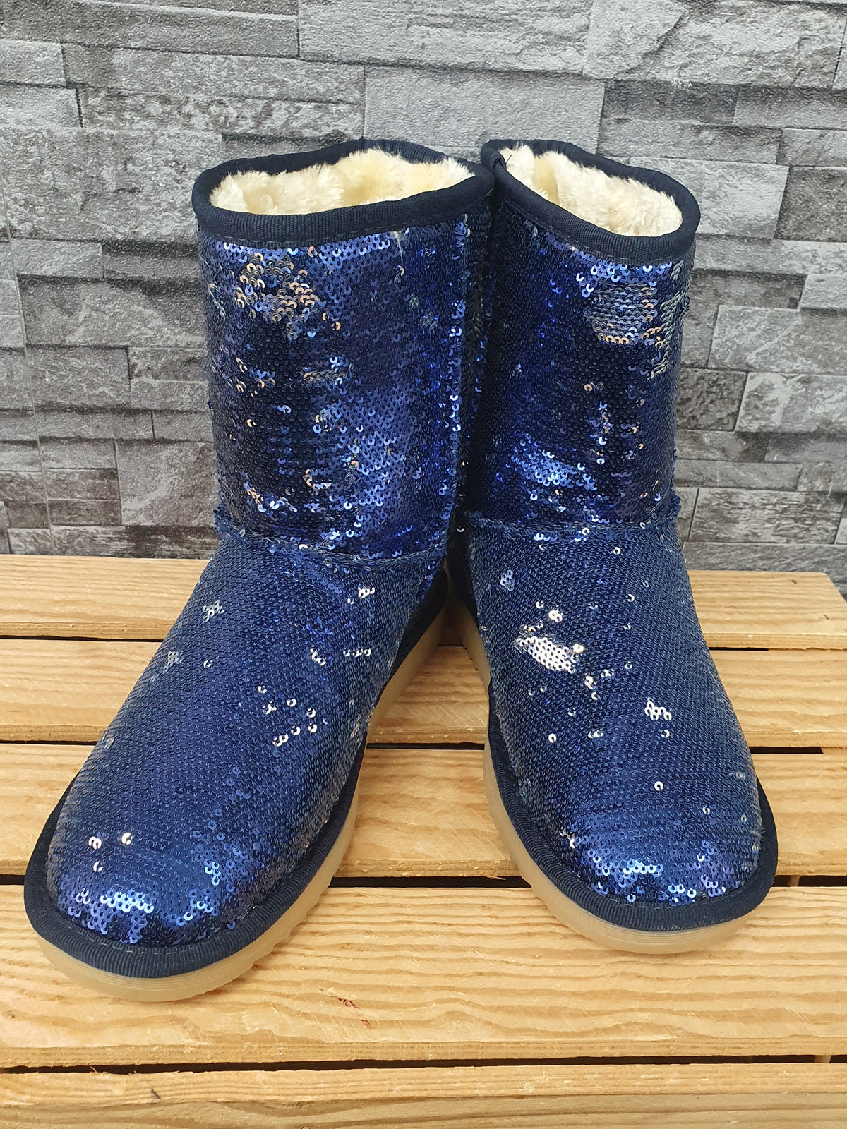 NEU! Damen Boots Pailetten   Blau Silber Gefüttert Kunstfell  Gr. 37-40