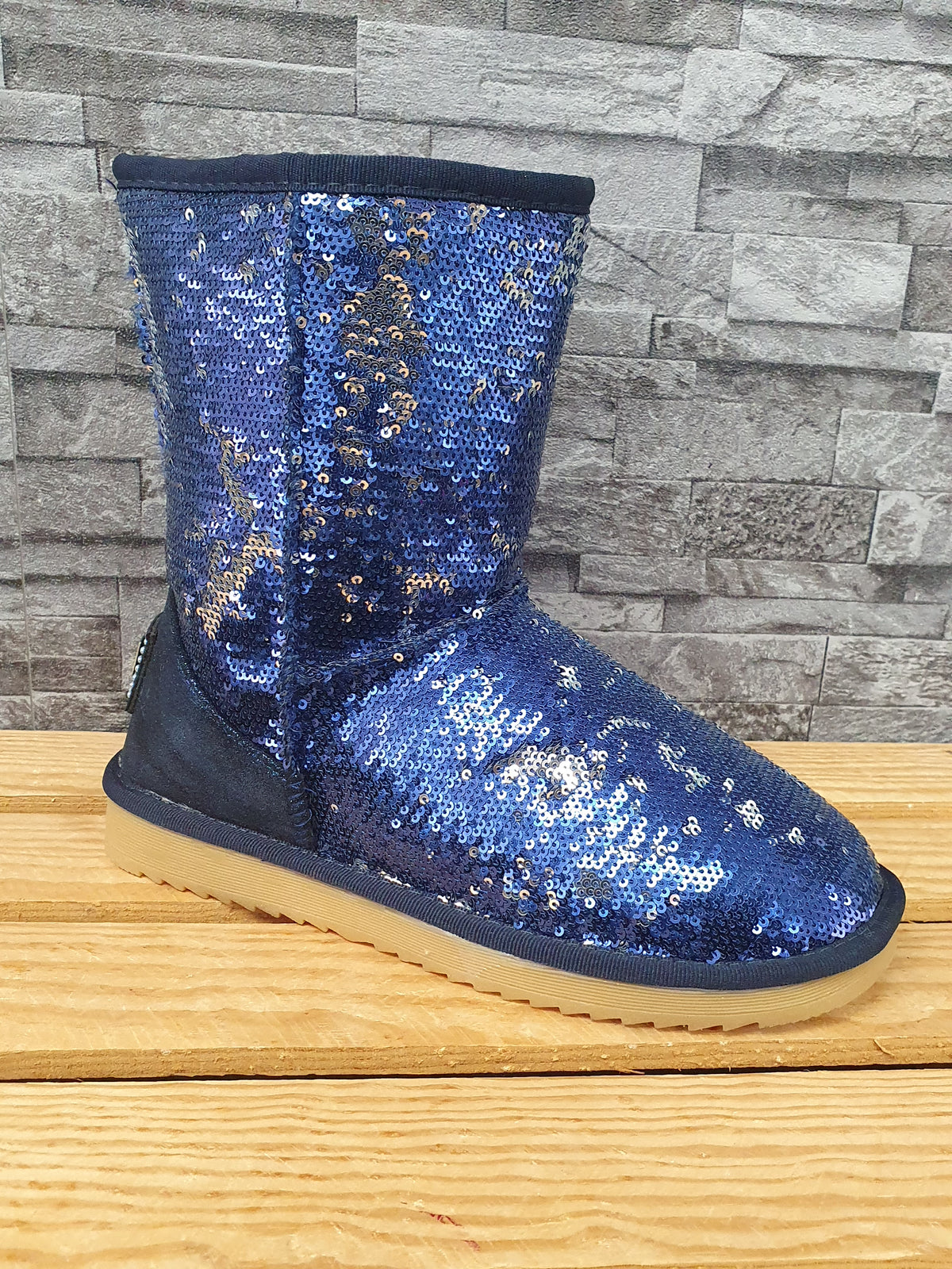 NEU! Damen Boots Pailetten   Blau Silber Gefüttert Kunstfell  Gr. 37-40