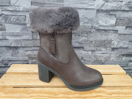 Damen-Winterboots Grau, gefüttert, 8 cm Blockabsatz